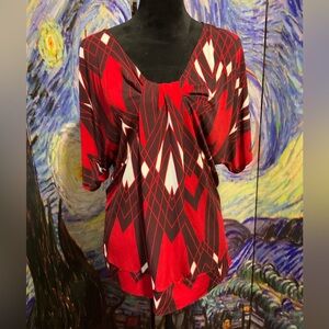 New York and Company medium red white black geo print with keyhole sleeves